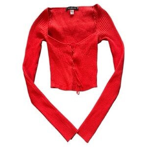 Red Ribbed Long Sleeve Knit Top